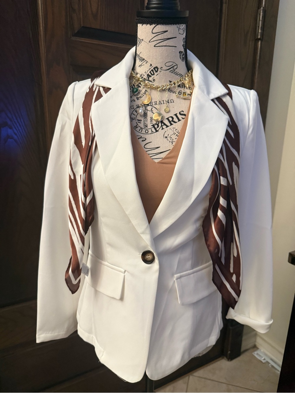 SHEIN White Women's Single-Button Blazer with Brown Accent Scarf